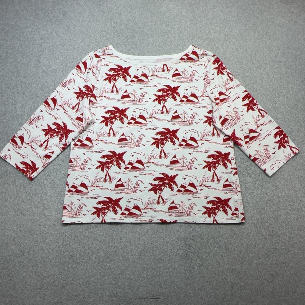 Talbots Tee Shirt Womens Petite XL White Red Sailboat 3/4 Sleeve Boat Neck Top